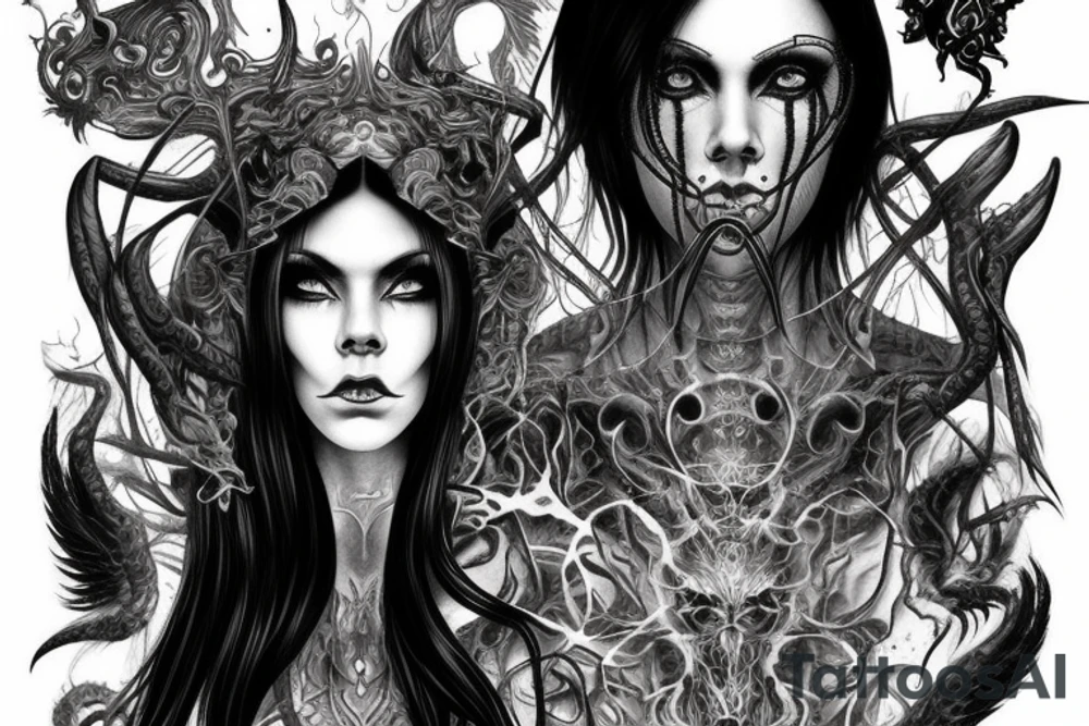 Intense Demonic woman Aura black smokey runic elaborate intricate expanded comprehensive eldritch feral tattoo idea