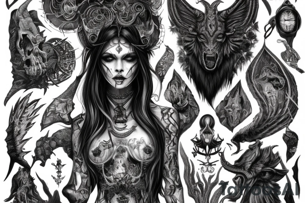Intense Demonic woman Aura black smokey runic elaborate intricate expanded comprehensive eldritch feral tattoo idea