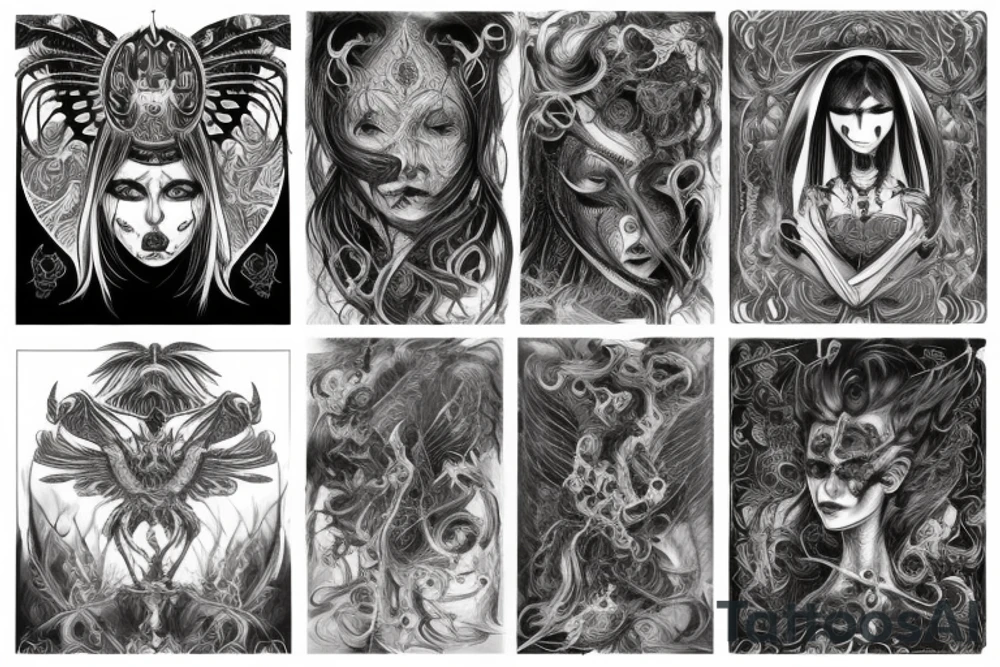 Intense Demonic woman Aura black smokey runic elaborate intricate expanded comprehensive eldritch feral tattoo idea