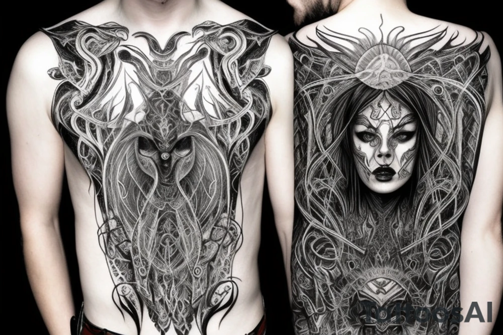 Intense Demonic woman Aura black smokey runic elaborate intricate expanded comprehensive eldritch feral tattoo idea