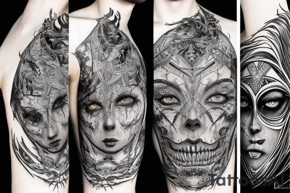 Intense Demonic woman Aura black smokey runic elaborate intricate expanded comprehensive eldritch feral tattoo idea