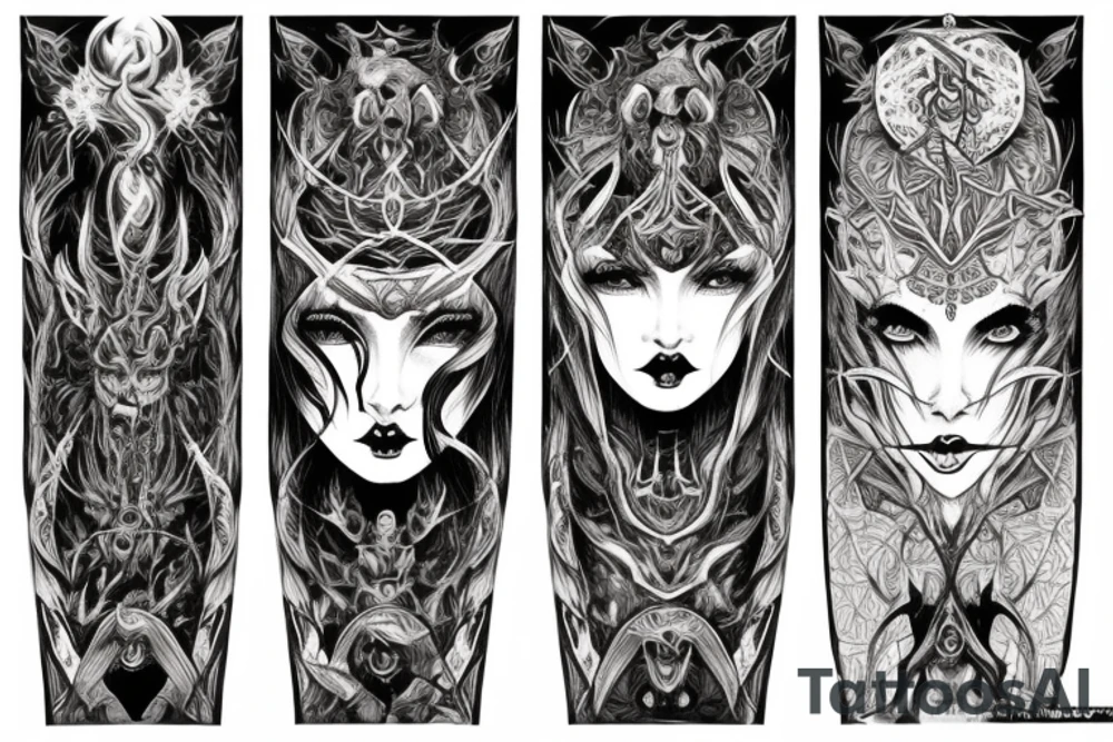 Intense Demonic woman Aura black smokey runic elaborate intricate expanded comprehensive eldritch feral tattoo idea