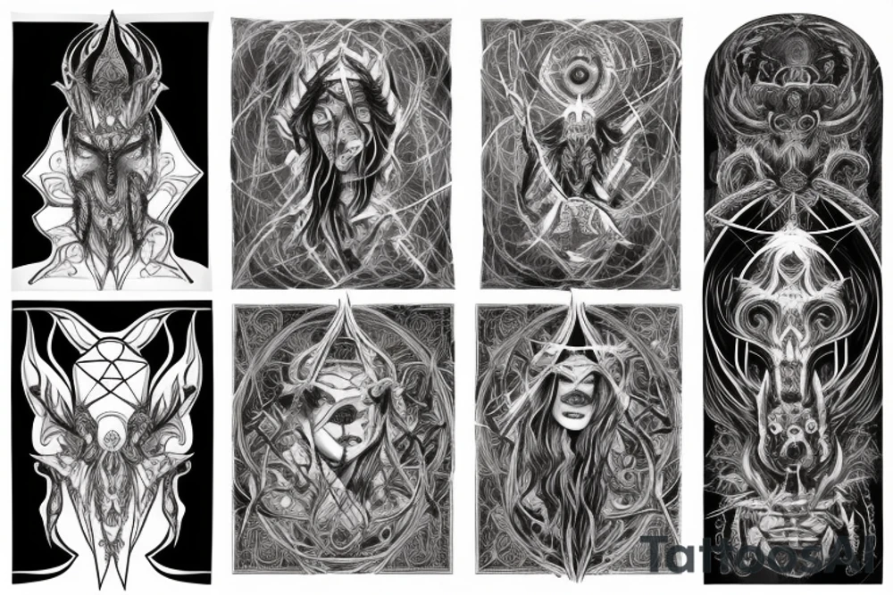 Intense Demonic woman Aura black smokey runic elaborate intricate expanded comprehensive eldritch feral tattoo idea