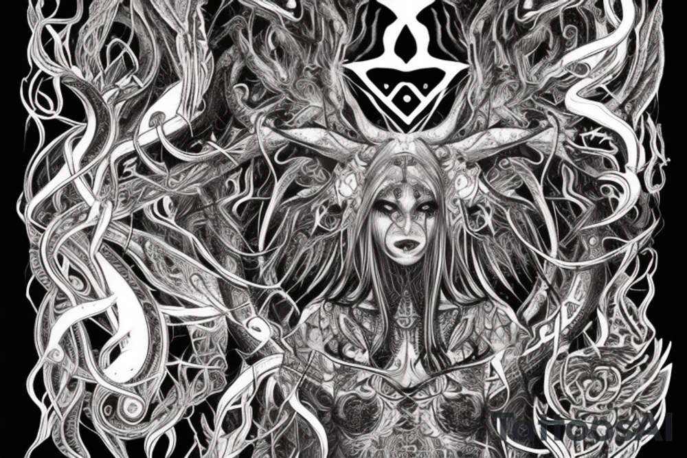 Intense Demonic woman Aura black smokey runic elaborate intricate expanded comprehensive eldritch feral tattoo idea