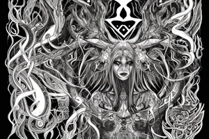 Intense Demonic woman Aura black smokey runic elaborate intricate expanded comprehensive eldritch feral tattoo idea