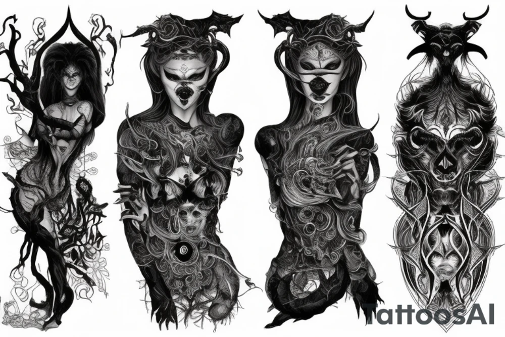 Intense Demonic woman Aura black smokey runic elaborate intricate expanded comprehensive eldritch feral tattoo idea