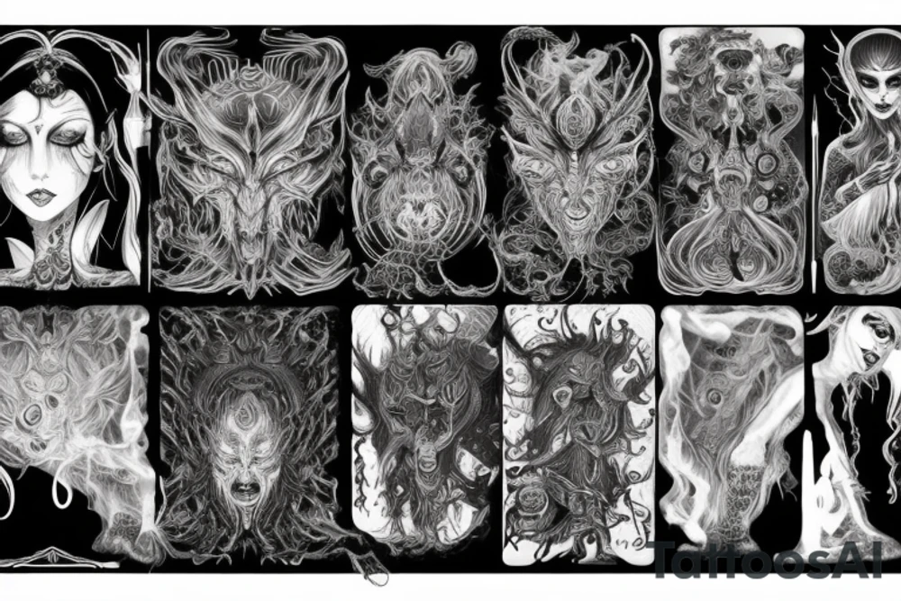 Intense Demonic woman Aura black smokey runic elaborate intricate expanded comprehensive eldritch feral tattoo idea
