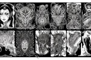 Intense Demonic woman Aura black smokey runic elaborate intricate expanded comprehensive eldritch feral tattoo idea