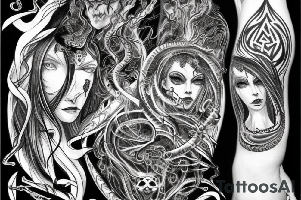 Intense Demonic woman Aura black smokey runic elaborate intricate expanded comprehensive eldritch feral tattoo idea