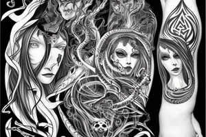 Intense Demonic woman Aura black smokey runic elaborate intricate expanded comprehensive eldritch feral tattoo idea