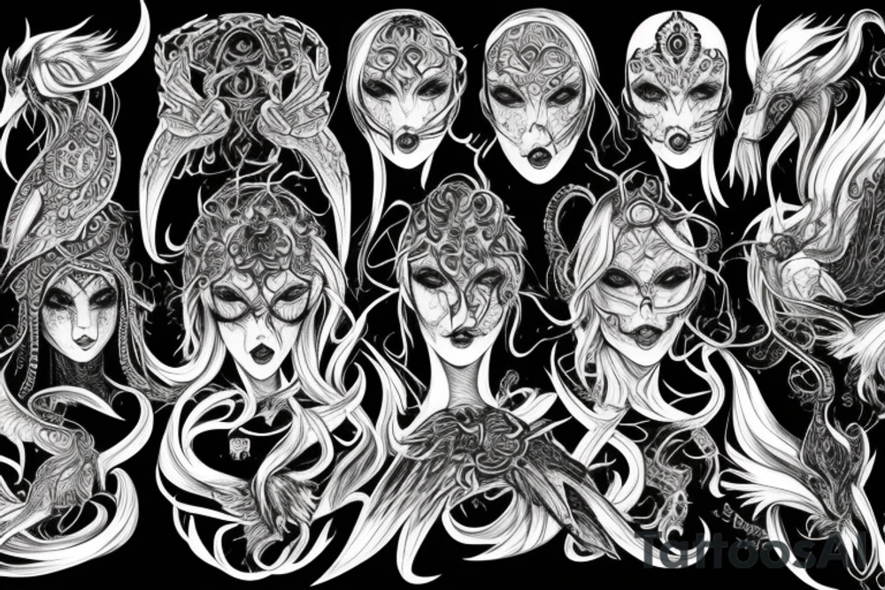 Intense Demonic woman Aura black smokey runic elaborate intricate expanded comprehensive eldritch feral tattoo idea