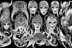 Intense Demonic woman Aura black smokey runic elaborate intricate expanded comprehensive eldritch feral tattoo idea