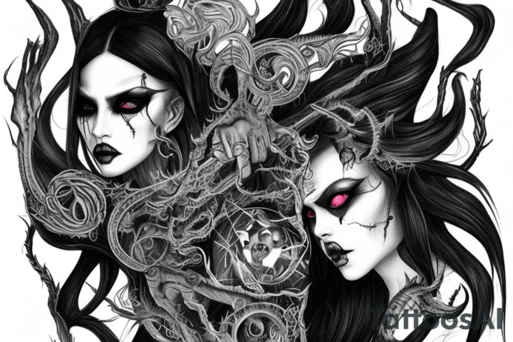 Intense Demonic woman Aura black smokey runic elaborate intricate expanded comprehensive eldritch feral tattoo idea