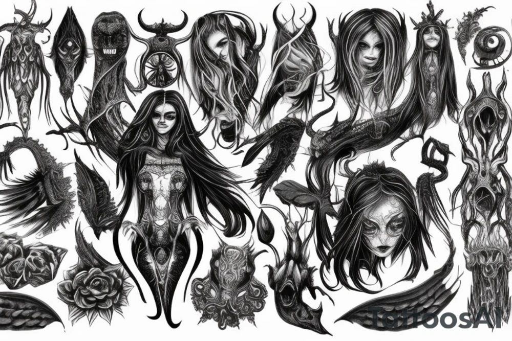 Intense Demonic woman Aura black smokey runic elaborate intricate expanded comprehensive eldritch feral tattoo idea
