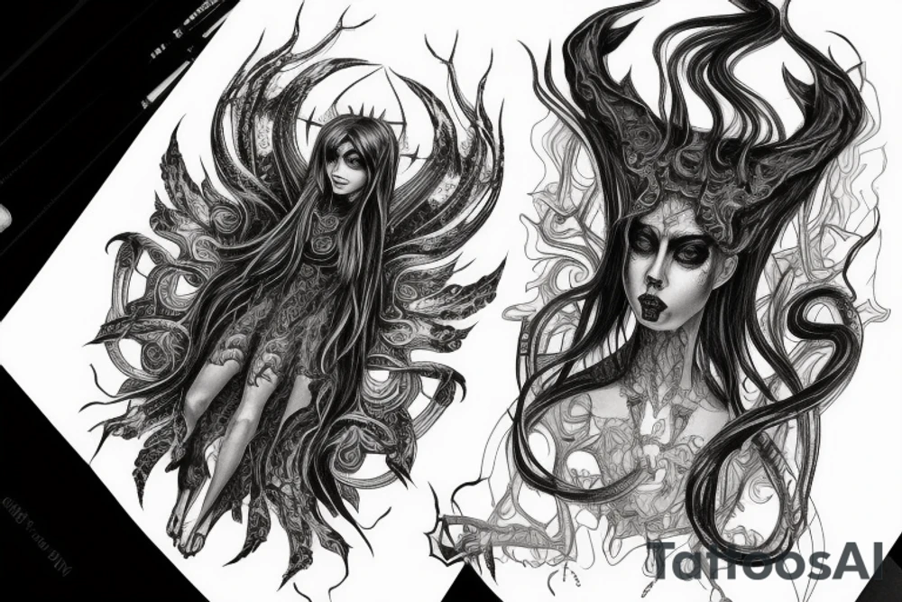 Intense Demonic woman Aura black smokey runic elaborate intricate expanded comprehensive eldritch feral tattoo idea