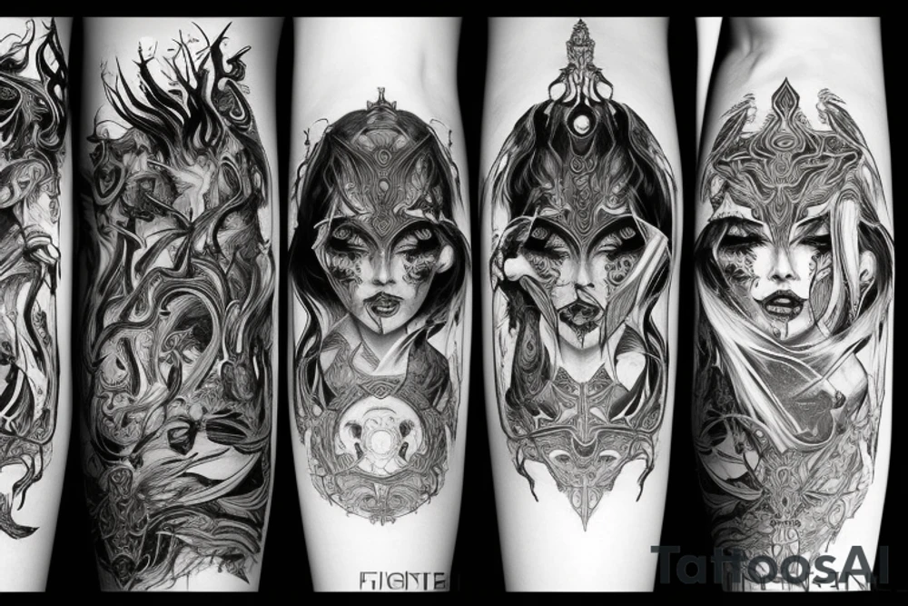 Intense Demonic woman Aura black smokey runic elaborate intricate expanded comprehensive eldritch feral tattoo idea
