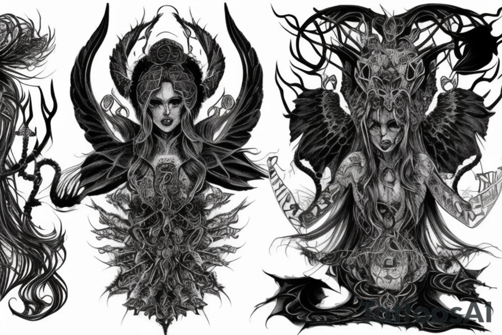 Intense Demonic woman Aura black smokey runic elaborate intricate expanded comprehensive eldritch feral tattoo idea
