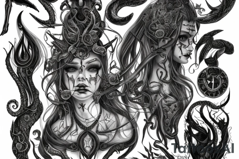 Intense Demonic woman Aura black smokey runic elaborate intricate expanded comprehensive eldritch feral tattoo idea