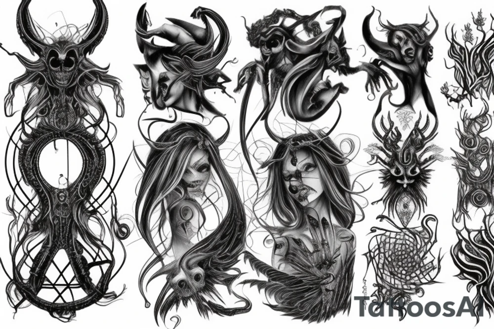 Intense Demonic woman Aura black smokey runic elaborate intricate expanded comprehensive eldritch feral tattoo idea