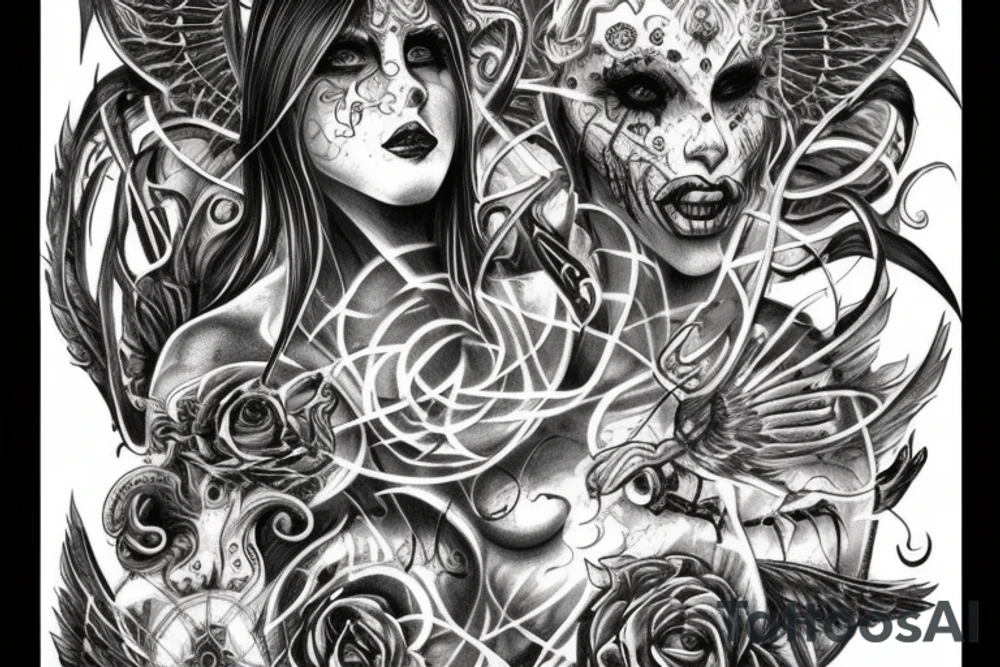 Intense Demonic woman Aura black smokey runic elaborate intricate expanded comprehensive eldritch feral tattoo idea