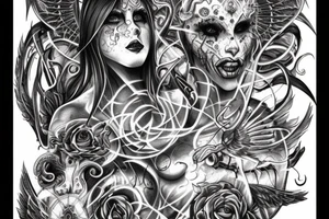 Intense Demonic woman Aura black smokey runic elaborate intricate expanded comprehensive eldritch feral tattoo idea