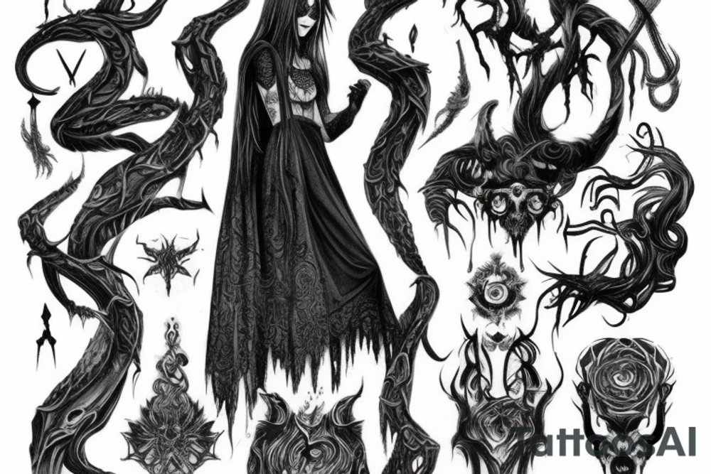 Intense Demonic woman Aura black smokey runic elaborate intricate expanded comprehensive eldritch feral tattoo idea