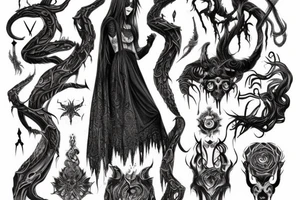 Intense Demonic woman Aura black smokey runic elaborate intricate expanded comprehensive eldritch feral tattoo idea