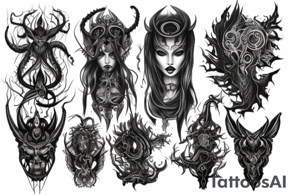 Intense Demonic woman Aura black smokey runic elaborate intricate expanded comprehensive eldritch feral tattoo idea
