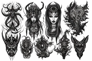 Intense Demonic woman Aura black smokey runic elaborate intricate expanded comprehensive eldritch feral tattoo idea