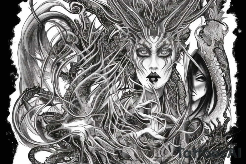 Intense Demonic woman Aura black smokey runic elaborate intricate expanded comprehensive eldritch feral tattoo idea