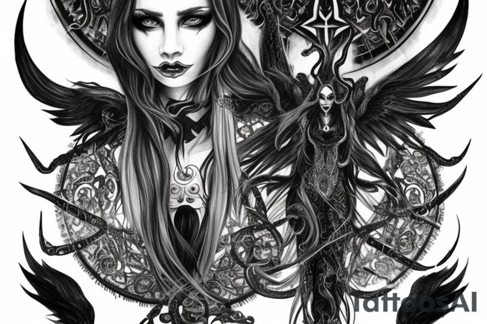 Intense Demonic woman Aura black smokey runic elaborate intricate expanded comprehensive eldritch feral tattoo idea