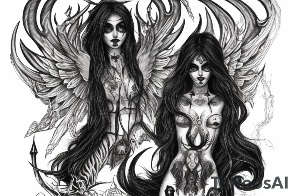 Intense Demonic woman Aura black smokey runic elaborate intricate expanded comprehensive eldritch feral tattoo idea