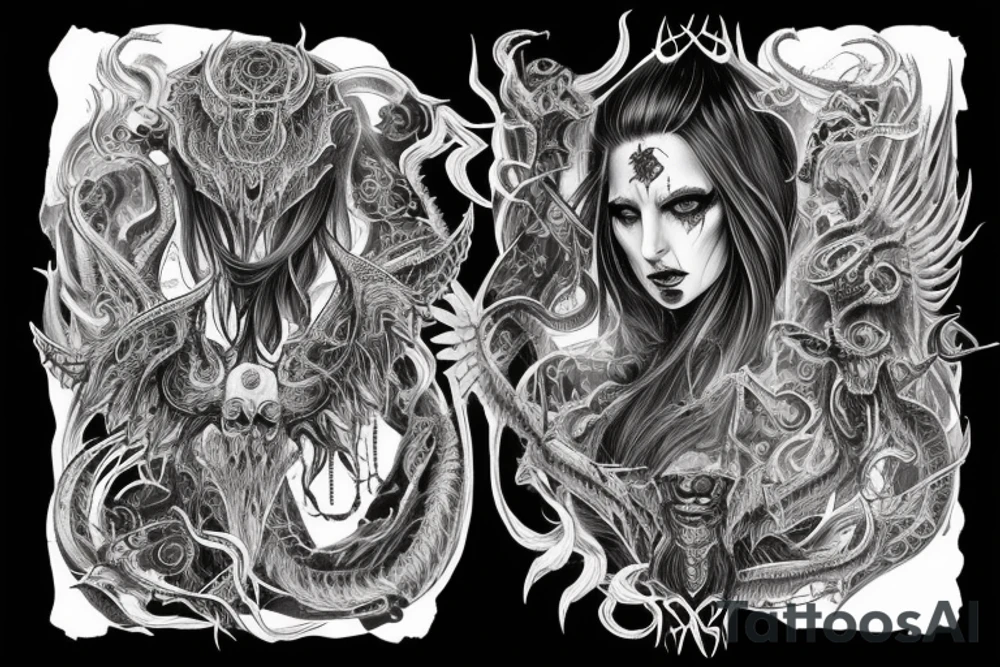 Intense Demonic woman Aura black smokey runic elaborate intricate expanded comprehensive eldritch feral tattoo idea