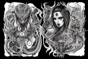 Intense Demonic woman Aura black smokey runic elaborate intricate expanded comprehensive eldritch feral tattoo idea
