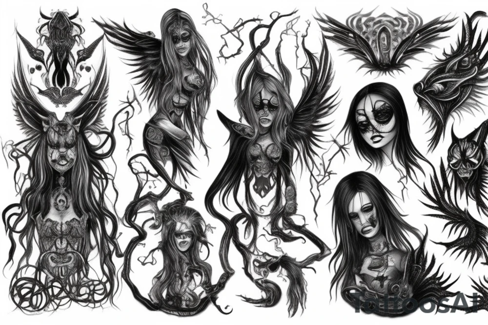 Intense Demonic woman Aura black smokey runic elaborate intricate expanded comprehensive eldritch feral tattoo idea