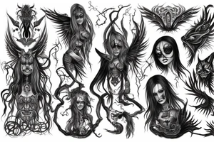 Intense Demonic woman Aura black smokey runic elaborate intricate expanded comprehensive eldritch feral tattoo idea