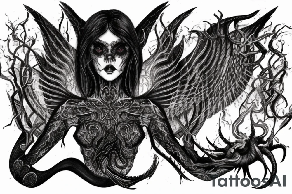 Intense Demonic woman Aura black smokey runic elaborate intricate expanded comprehensive eldritch feral tattoo idea