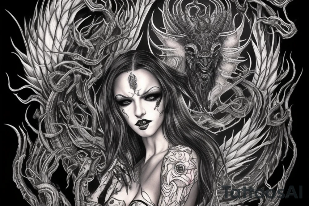 Intense Demonic woman Aura black smokey runic elaborate intricate expanded comprehensive eldritch feral tattoo idea
