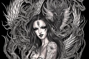 Intense Demonic woman Aura black smokey runic elaborate intricate expanded comprehensive eldritch feral tattoo idea