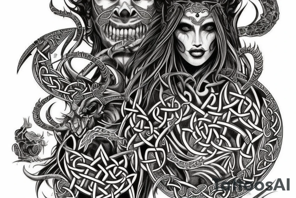 Celtic Demon Woman Gorgeous Wicked smirk Fierce Feral Intricate Detailed Elaborate Comprehensive Runic Gorgeous Expanded tattoo idea
