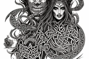 Celtic Demon Woman Gorgeous Wicked smirk Fierce Feral Intricate Detailed Elaborate Comprehensive Runic Gorgeous Expanded tattoo idea
