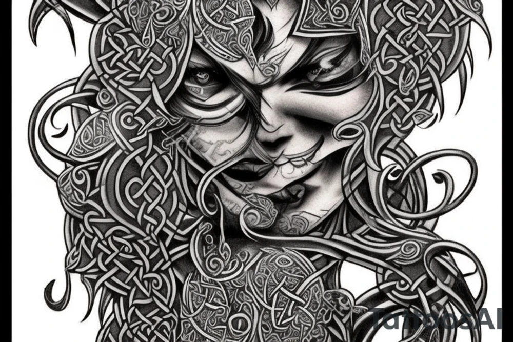 Celtic Demon Woman Gorgeous Wicked smirk Fierce Feral Intricate Detailed Elaborate Comprehensive Runic Gorgeous Expanded tattoo idea