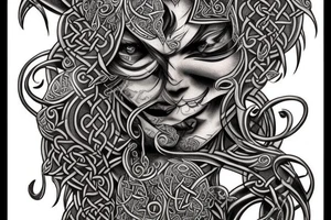 Celtic Demon Woman Gorgeous Wicked smirk Fierce Feral Intricate Detailed Elaborate Comprehensive Runic Gorgeous Expanded tattoo idea