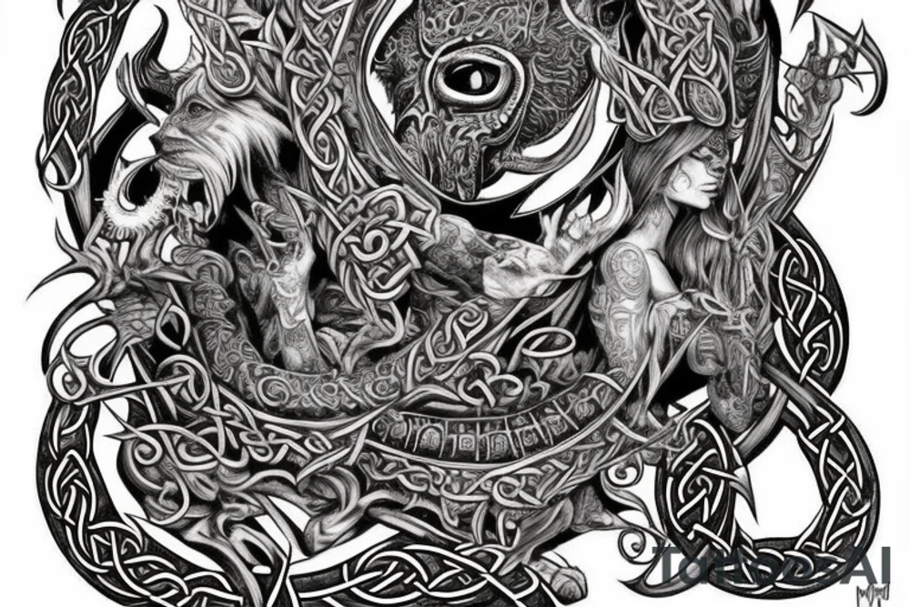 Celtic Demon Woman Gorgeous Wicked smirk Fierce Feral Intricate Detailed Elaborate Comprehensive Runic Gorgeous Expanded tattoo idea