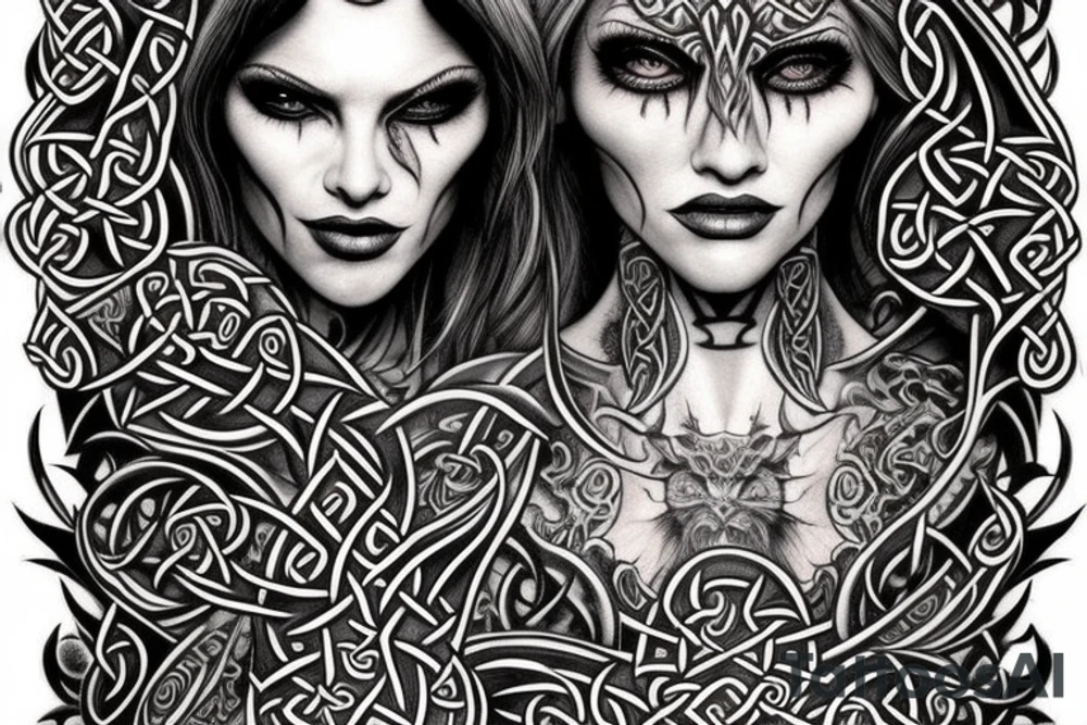 Celtic Demon Woman Gorgeous Wicked smirk Fierce Feral Intricate Detailed Elaborate Comprehensive Runic Gorgeous Expanded tattoo idea
