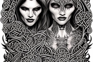 Celtic Demon Woman Gorgeous Wicked smirk Fierce Feral Intricate Detailed Elaborate Comprehensive Runic Gorgeous Expanded tattoo idea