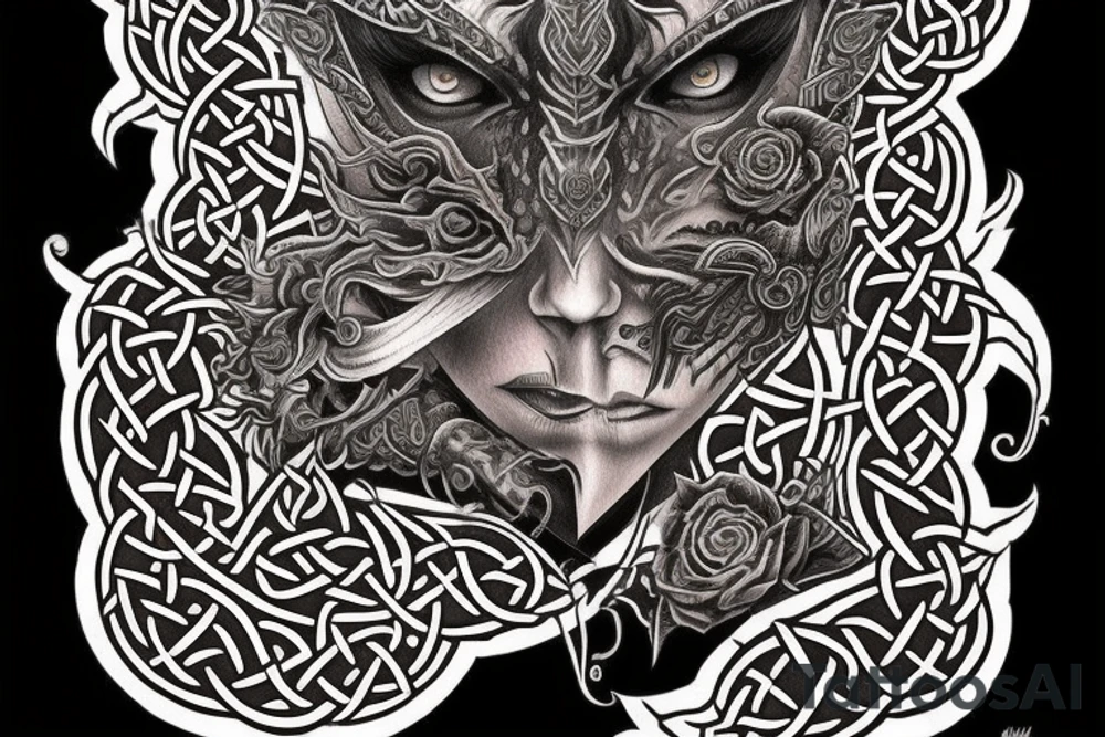 Celtic Demon Woman Gorgeous Wicked smirk Fierce Feral Intricate Detailed Elaborate Comprehensive Runic Gorgeous Expanded tattoo idea