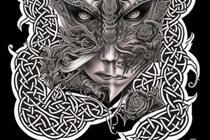 Celtic Demon Woman Gorgeous Wicked smirk Fierce Feral Intricate Detailed Elaborate Comprehensive Runic Gorgeous Expanded tattoo idea