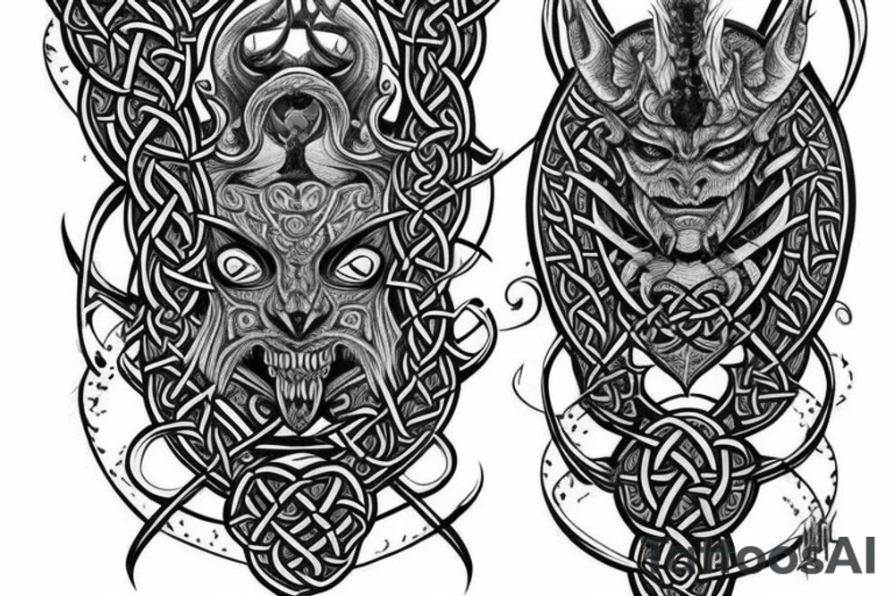 Celtic Demon Woman Gorgeous Wicked smirk Fierce Feral Intricate Detailed Elaborate Comprehensive Runic Gorgeous Expanded tattoo idea