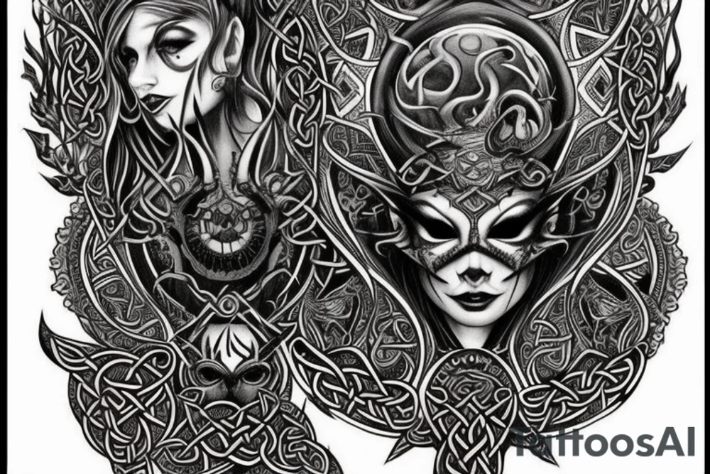 Celtic Demon Woman Gorgeous Wicked smirk Fierce Feral Intricate Detailed Elaborate Comprehensive Runic Gorgeous Expanded tattoo idea